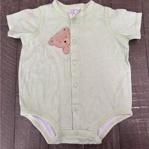 CARTERS VINTAGE Full Front Button Teddy Bear Green Checkered Onesie Size 3-6m‎